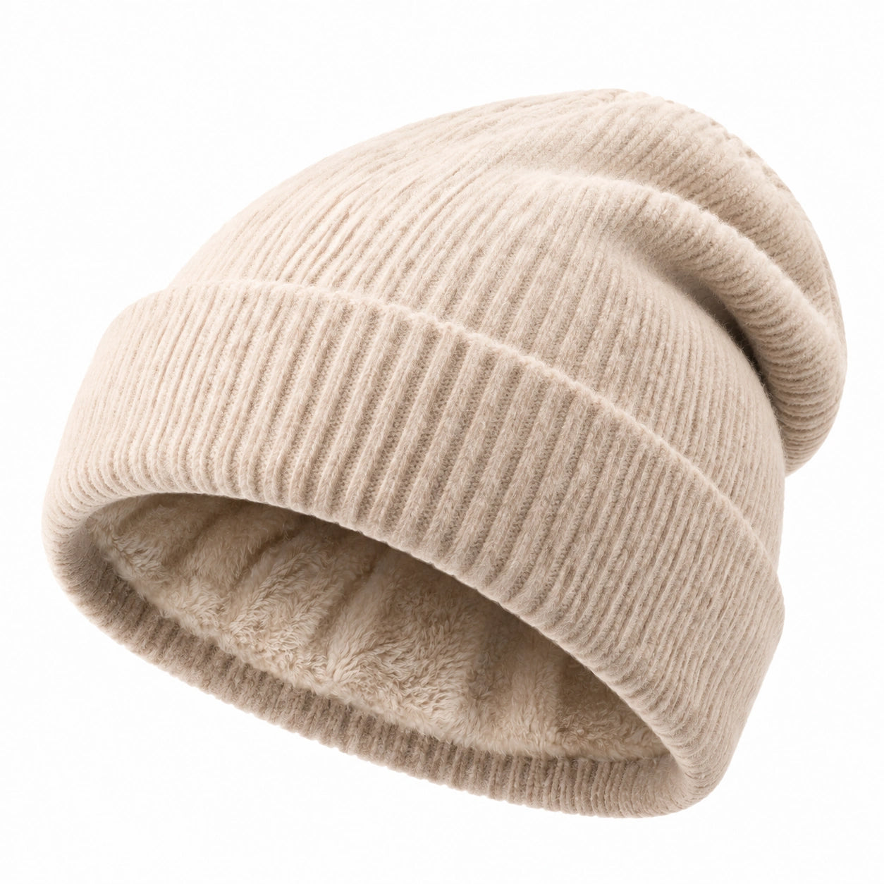 Berretto in maglia beige taglia unica con risvolto e fodera morbida
