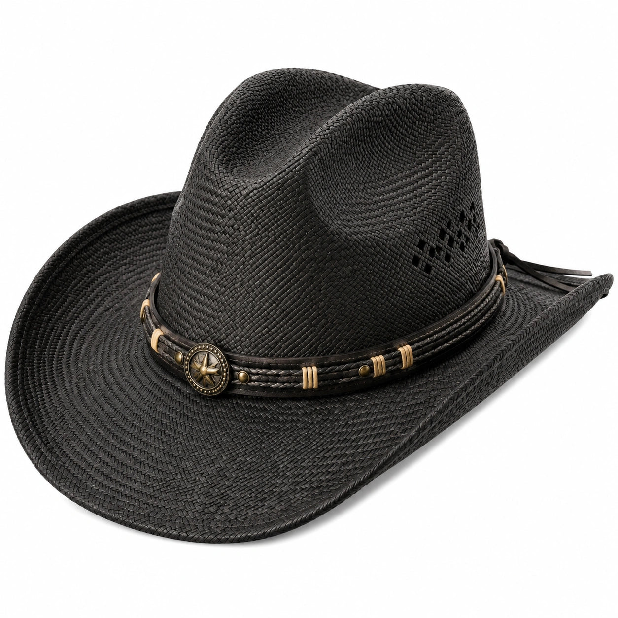 Cappello cowboy taglia unica nero intrecciato con fascia decorativa stile western