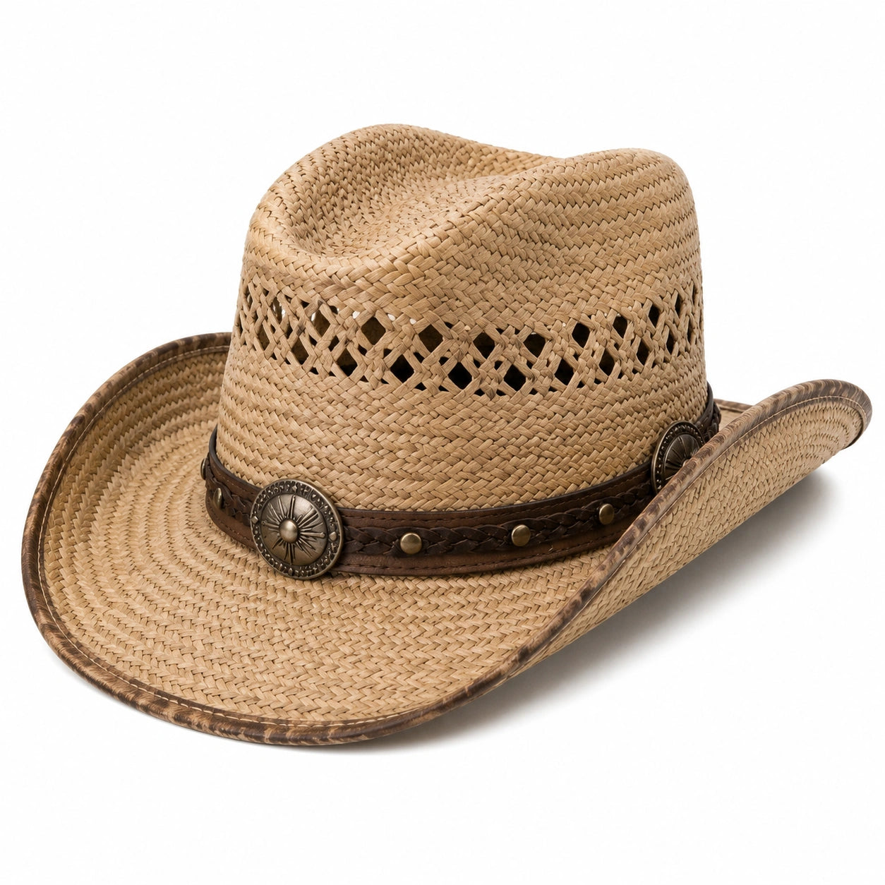 Cappello da cowboy taglia unica in paglia beige con fascia marrone stile western