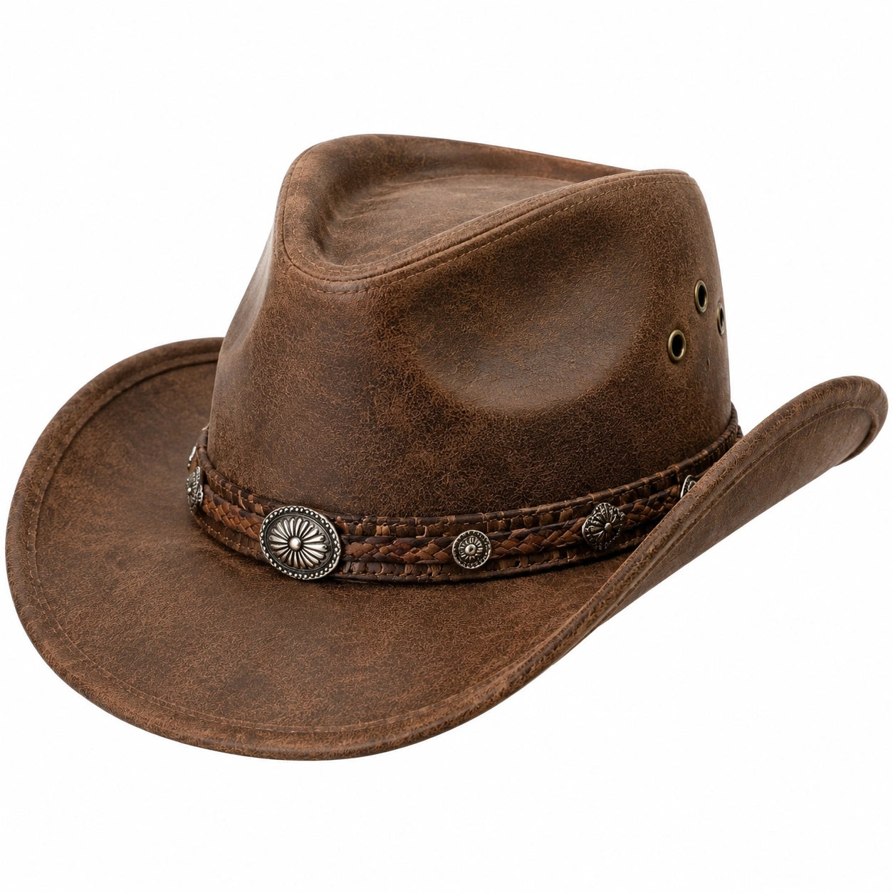 Cappello cowboy taglia unica in materiale effetto pelle marrone con fascia decorativa stile western