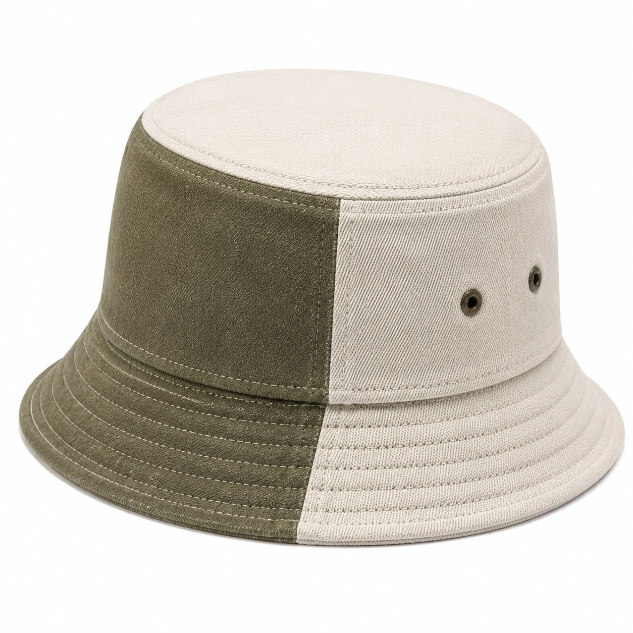 Cappello pescatore taglia unica in tessuto verde oliva e beige - stile bicolore con occhielli