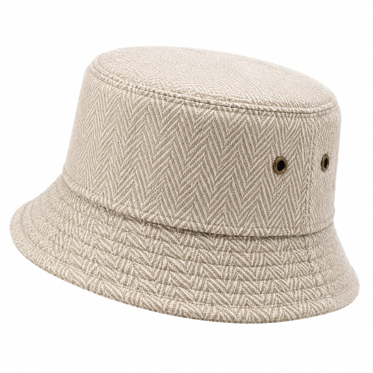 Cappello pescatore taglia unica in tessuto beige a spina di pesce con occhielli