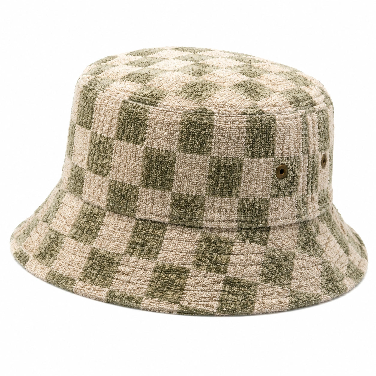 Cappello pescatore taglia unica in tessuto bouclé verde e beige a quadri - stile casual