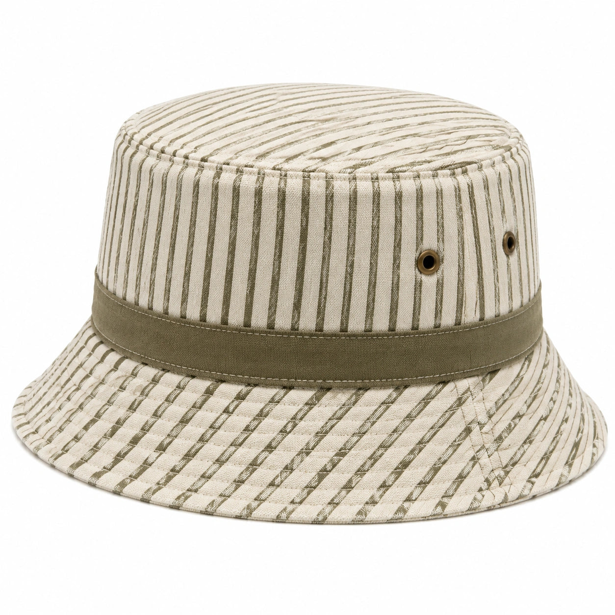 Cappello pescatore taglia unica in tessuto beige e verde a righe con tesa ampia